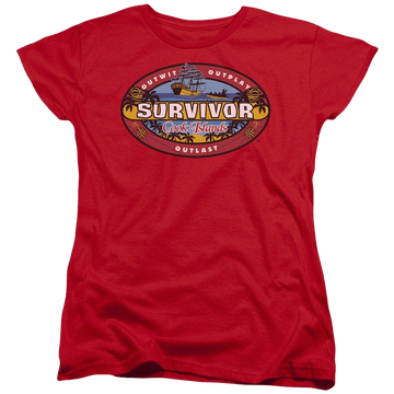 Red women's t-shirt with Survivor Cook Islands graphic