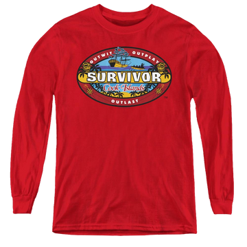 Red youth long sleeve t-shirt with Survivor Cook Islands graphic