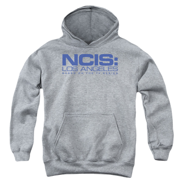 Athletic heather youth hoodie for ages 8 to 12 with NCIS Los Angeles Logo graphic