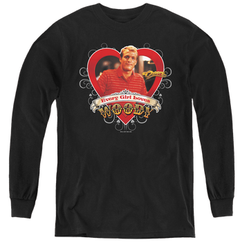 Black youth long sleeve t-shirt with Cheers Woody graphic