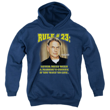 Navy youth hoodie for ages 8 to 12 with NCIS Rule 23 graphic