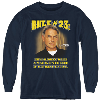 Navy youth long sleeve t-shirt with NCIS Rule 23 graphic