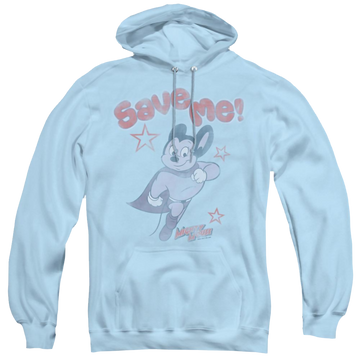 Light blue pullover hoodie with Mighty Mouse Save Me graphic