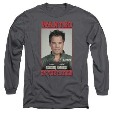 Charcoal men's long sleeve t-shirt with NCIS Wanted graphic