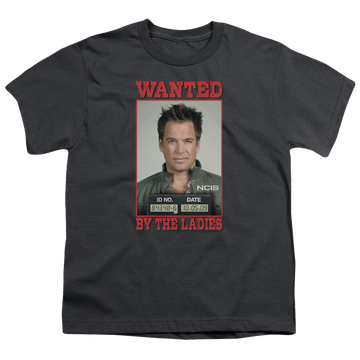 Charcoal youth t-shirt for ages 8 to 12 with NCIS Wanted graphic