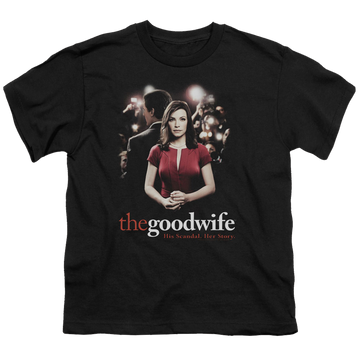 Black youth t-shirt for ages 8 to 12 with The Good Wife Bad Press graphic