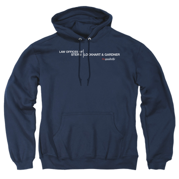 Navy pullover hoodie with The Good Wife Law Offices graphic