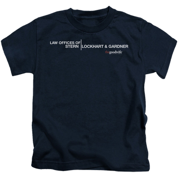 Navy kid's t-shirt for ages 4 to 7 with The Good Wife Law Offices graphic