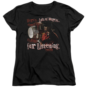 Black women's t-shirt with NCIS Thanks For Listening graphic