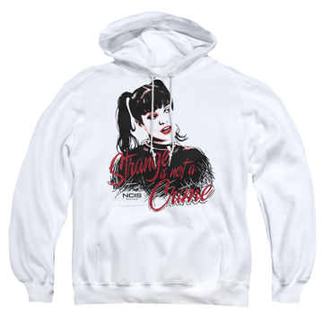 White pullover hoodie with NCIS Strange Is Not A Crime graphic