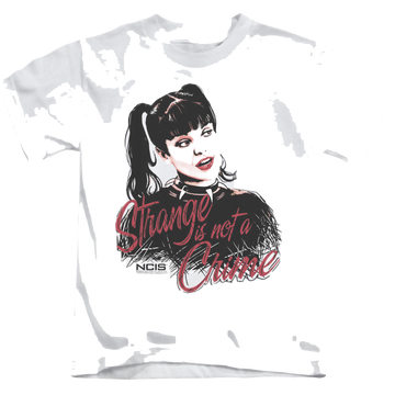 White kid's t-shirt for ages 4 to 7 with NCIS Strange Is Not A Crime graphic