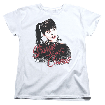 White women's t-shirt with NCIS Strange Is Not A Crime graphic