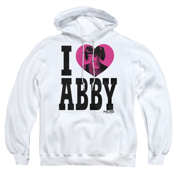 White pullover hoodie with NCIS I Heart Abby graphic