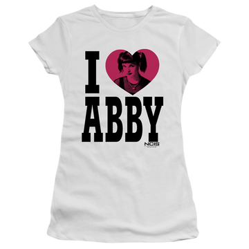 White juniors t-shirt with NCIS I Heart Abby graphic
