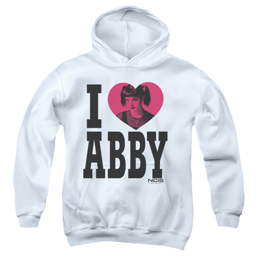 White youth hoodie for ages 8 to 12 with NCIS I Heart Abby graphic