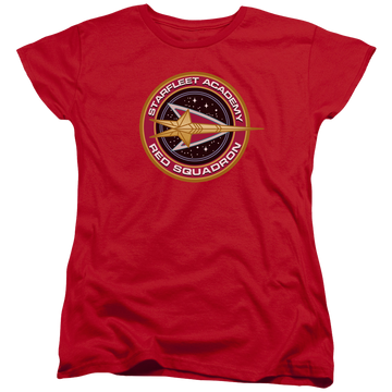 Red women's t-shirt with Star Trek Red Squadron graphic