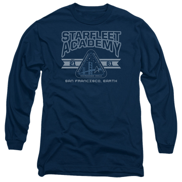 Navy men's long sleeve t-shirt with Star Trek Starfleet Academy Earth graphic