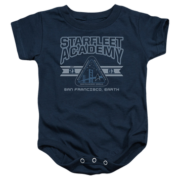Navy baby bodysuit with Star Trek Starfleet Academy Earth graphic