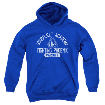 Royal youth hoodie for ages 8 to 12 with Star Trek The Original Series Varsity graphic