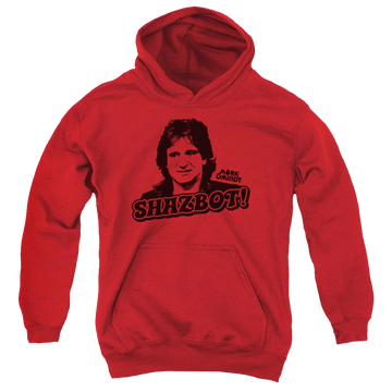 Red youth hoodie for ages 8 to 12 with Mork & Mindy Shazbot graphic
