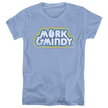 Carolina blue women's t-shirt with Mork & Mindy Distressed Mork Logo graphic