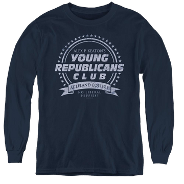 Navy youth long sleeve t-shirt with Family Ties Young Republicans Club graphic