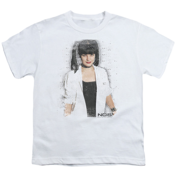 White youth t-shirt for ages 8 to 12 with NCIS Abby Skulls graphic
