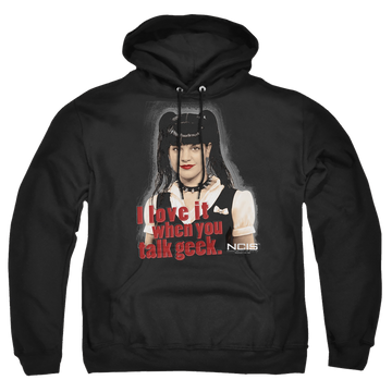 Black pullover hoodie with NCIS Geek Talk graphic