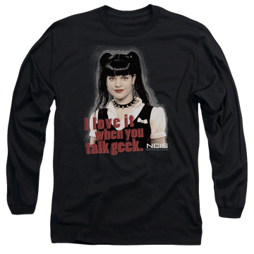 Black men's long sleeve t-shirt with NCIS Geek Talk graphic