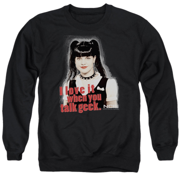 Black men's crewneck sweatshirt with NCIS Geek Talk graphic