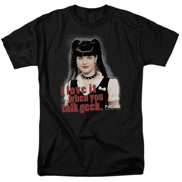 Black men's regular fit t-shirt with NCIS Geek Talk graphic