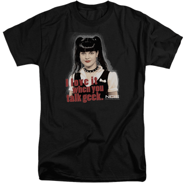 Black men's tall fit t-shirt with NCIS Geek Talk graphic
