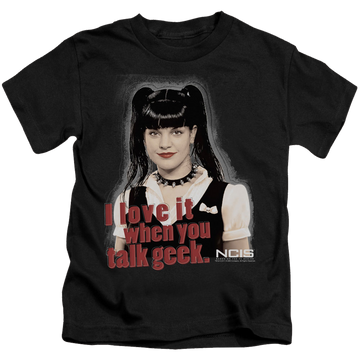 Black kid's t-shirt for ages 4 to 7 with NCIS Geek Talk graphic