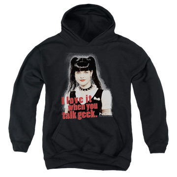 Black youth hoodie for ages 8 to 12 with NCIS Geek Talk graphic