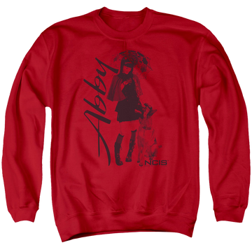 Red men's crewneck sweatshirt with NCIS Sunny Day graphic