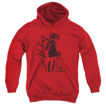Red youth hoodie for ages 8 to 12 with NCIS Sunny Day graphic