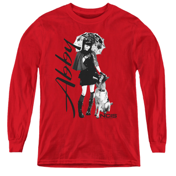 Red youth long sleeve t-shirt with NCIS Sunny Day graphic