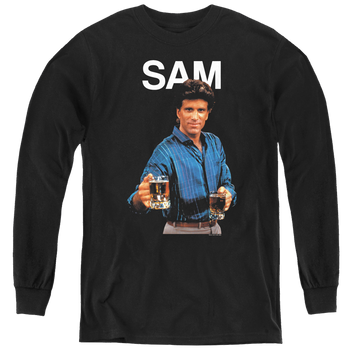 Black youth long sleeve t-shirt with Cheers Sam graphic