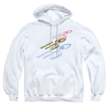 White pullover hoodie with Star Trek Retro Tri Enterprise graphic