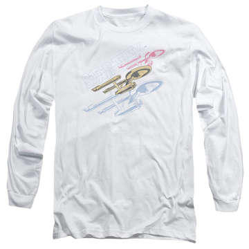 White men's long sleeve t-shirt with Star Trek Retro Tri Enterprise graphic