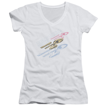 White juniors v-neck t-shirt with Star Trek Retro Tri Enterprise graphic