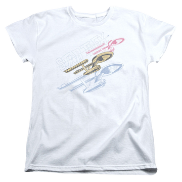 White women's t-shirt with Star Trek Retro Tri Enterprise graphic