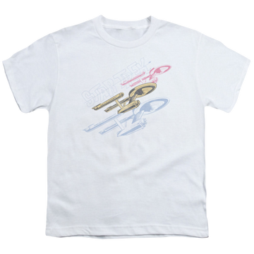 White youth t-shirt for ages 8 to 12 with Star Trek The Original Series Retro Tri Enterprise graphic
