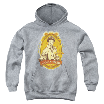 Athletic heather youth hoodie for ages 8 to 12 with Cheers Womanizer graphic
