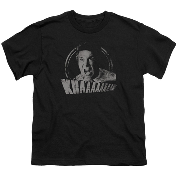 Black youth t-shirt for ages 8 to 12 with Star Trek Movies Khan Distressed graphic