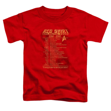 Red toddler t-shirt with Star Trek The Original Series Red Shirt Tour graphic