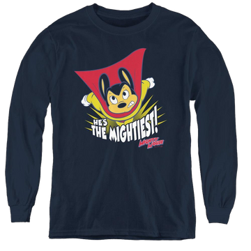 Navy youth long sleeve t-shirt with Mighty Mouse The Mightiest graphic