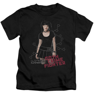 Black kid's t-shirt for ages 4 to 7 with NCIS Goth Crime Fighter graphic