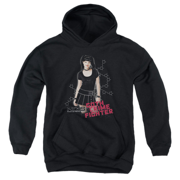 Black youth hoodie for ages 8 to 12 with NCIS Goth Crime Fighter graphic