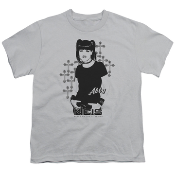 Silver youth t-shirt for ages 8 to 12 with NCIS Abby Sciuto graphic